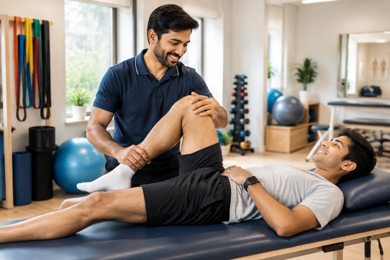 Physiotherapist with a patient in an Indian clinic